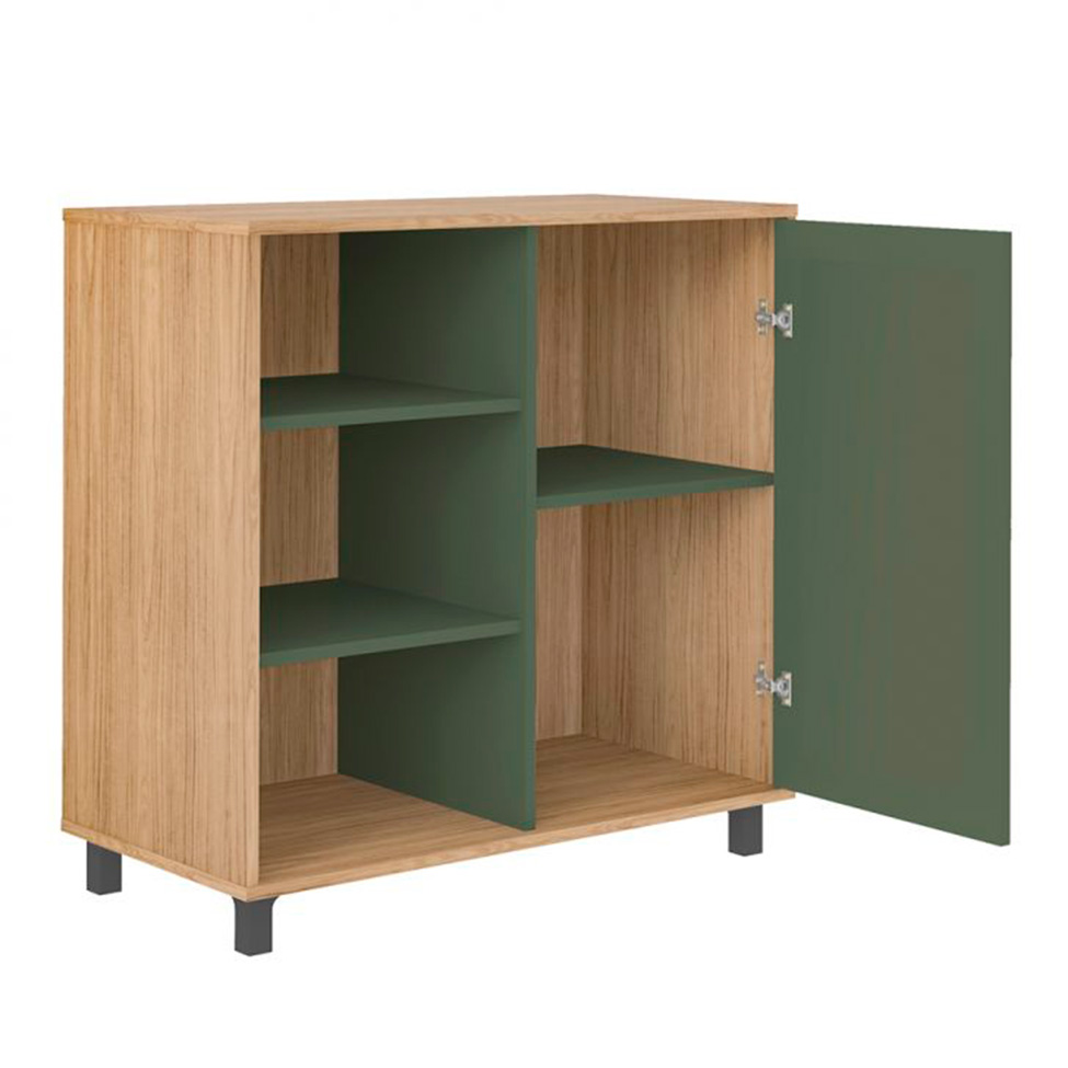 Conjunto para Sala de Estar Charlotte com Rack para TV até 75 polegadas, Buffet 1 PT, Mesa Lateral 1 PT e Mesa de Centro Verde Menta e Carvalho