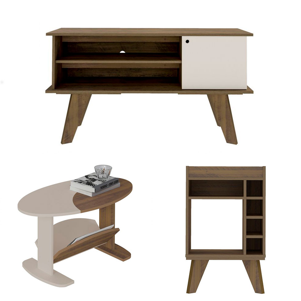 Conjunto para Sala de Estar Frank com Rack, Mesa de Centro e Bar Off White e Amadeirado