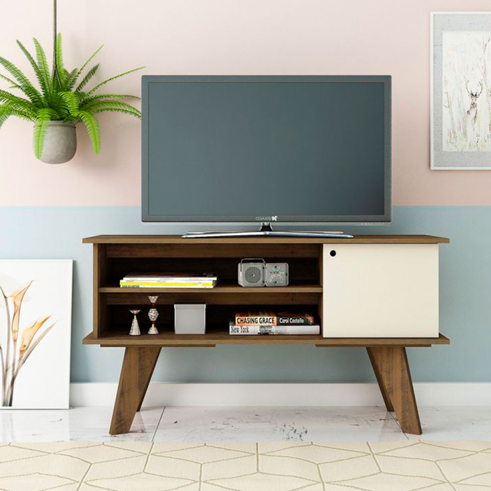 Conjunto para Sala de Estar Frank com Rack, Mesa de Centro e Bar Off White e Amadeirado