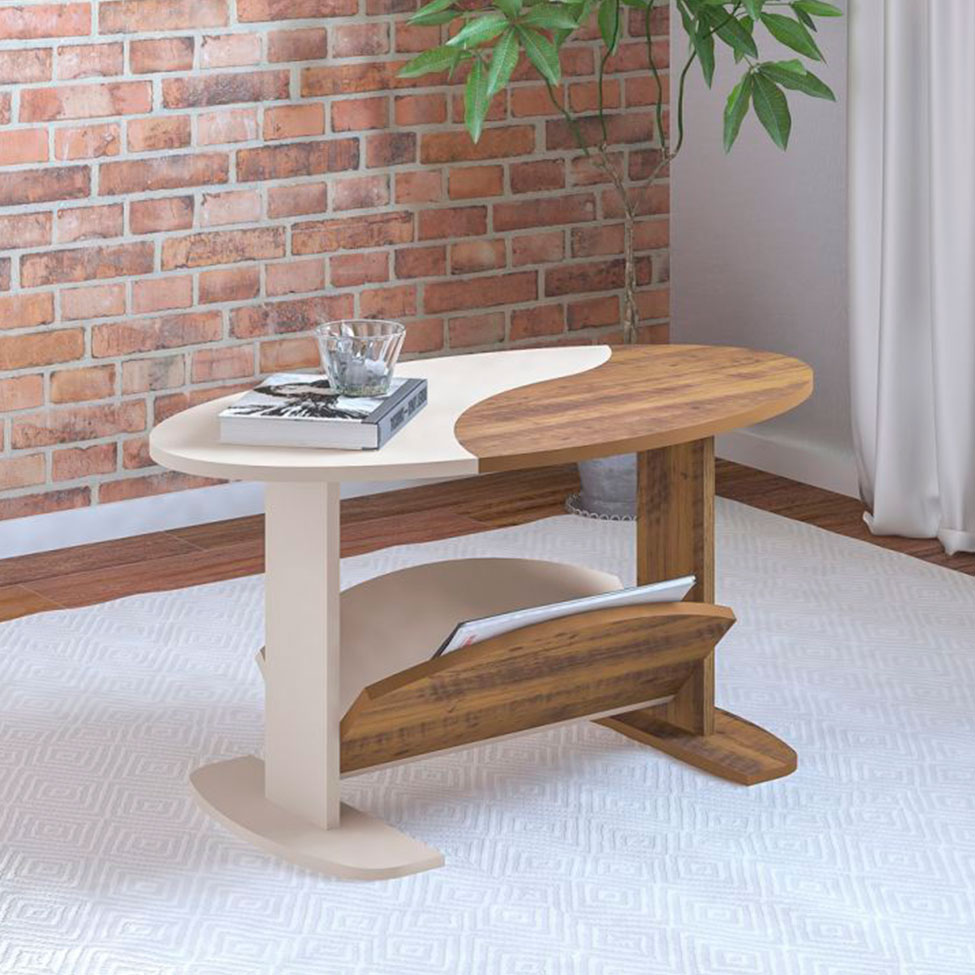 Conjunto para Sala de Estar Frank com Rack, Mesa de Centro e Bar Off White e Amadeirado