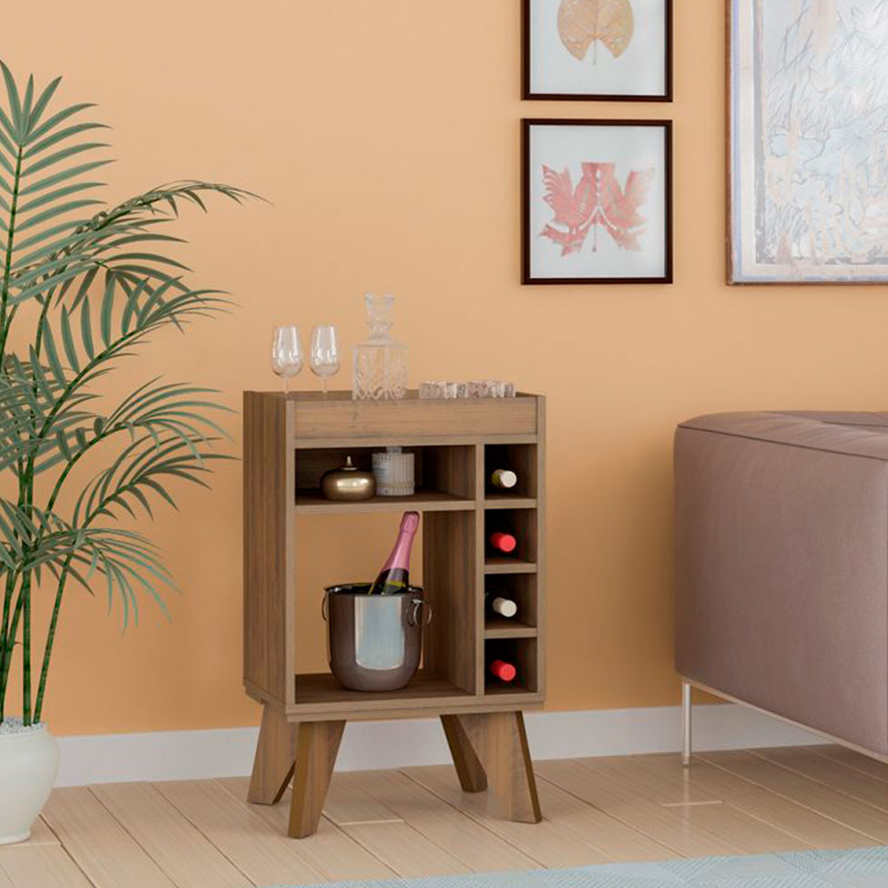 Conjunto para Sala de Estar Frank com Rack, Mesa de Centro e Bar Off White e Amadeirado