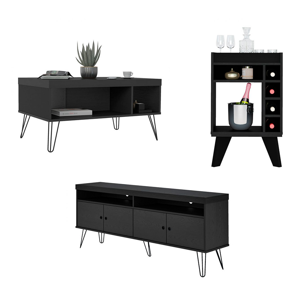 Conjunto para Sala de Estar Liberty com Rack para TV até 65 Polegadas, Mesa de Centro e Bar Preto