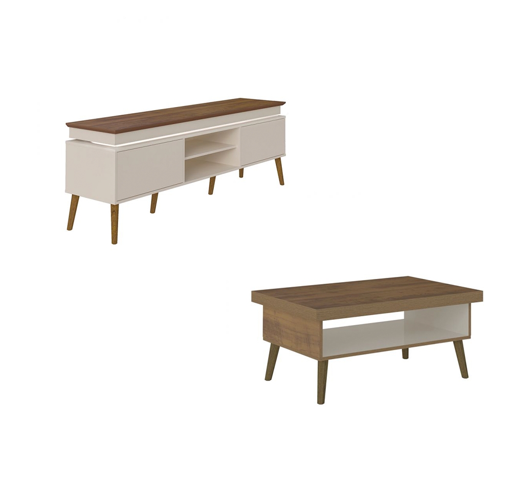 Conjunto para Sala de Estar Lumina com Rack e Mesa de Centro Off White e Pinho