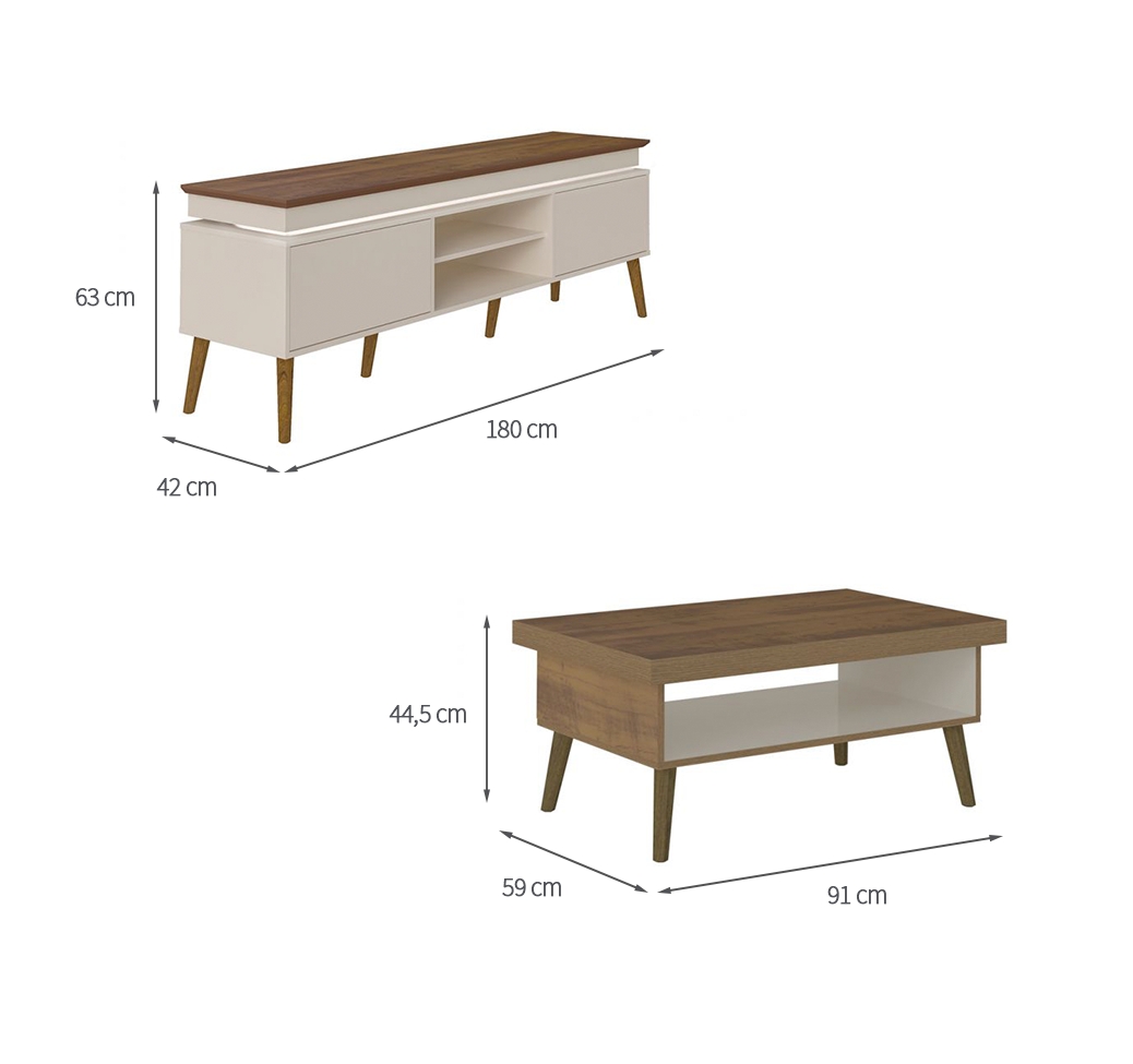 Conjunto para Sala de Estar Lumina com Rack e Mesa de Centro Off White e Pinho
