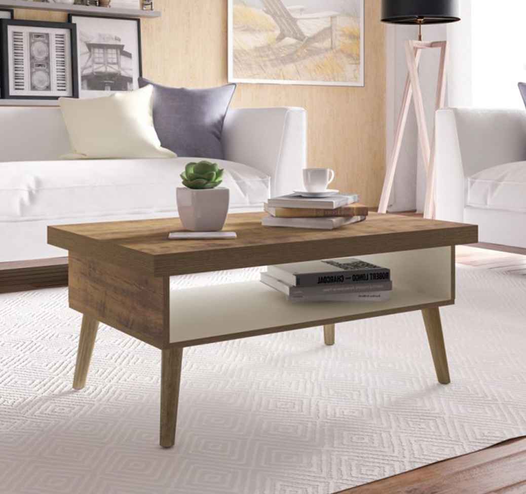 Conjunto para Sala de Estar Lumina com Rack e Mesa de Centro Off White e Pinho