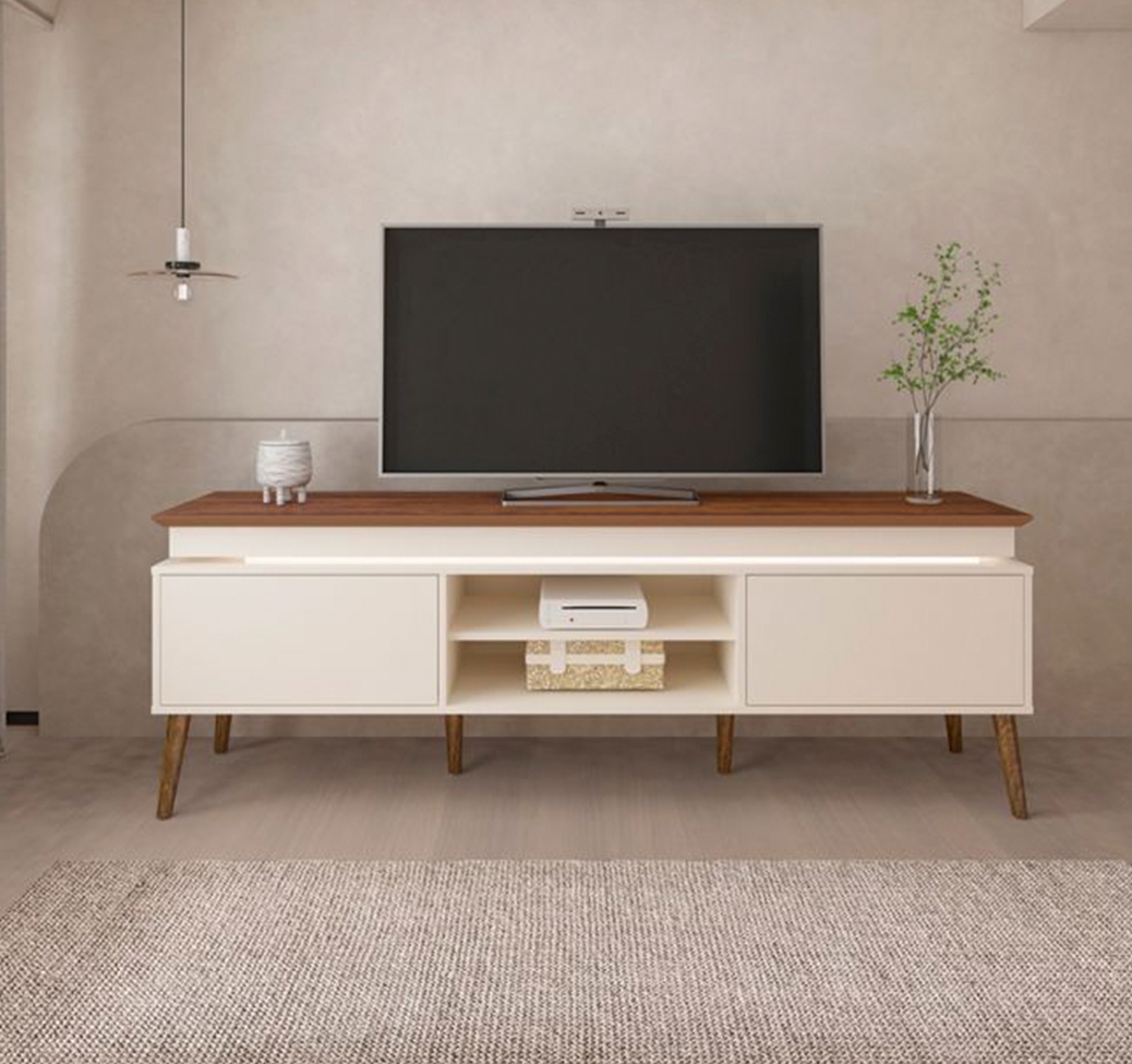 Conjunto para Sala de Estar Lumina com Rack e Mesa de Centro Off White e Pinho