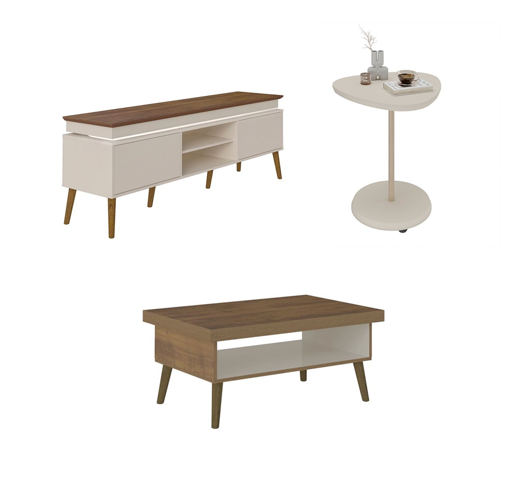 Conjunto para Sala de Estar Lumina com Rack, Mesa de Centro e Mesa Lateral Off White e Pinho