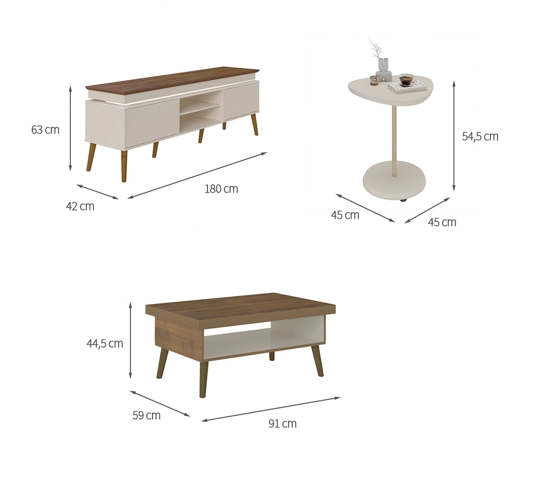 Conjunto para Sala de Estar Lumina com Rack, Mesa de Centro e Mesa Lateral Off White e Pinho