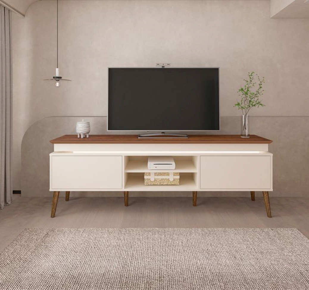 Conjunto para Sala de Estar Lumina com Rack, Mesa de Centro e Mesa Lateral Off White e Pinho