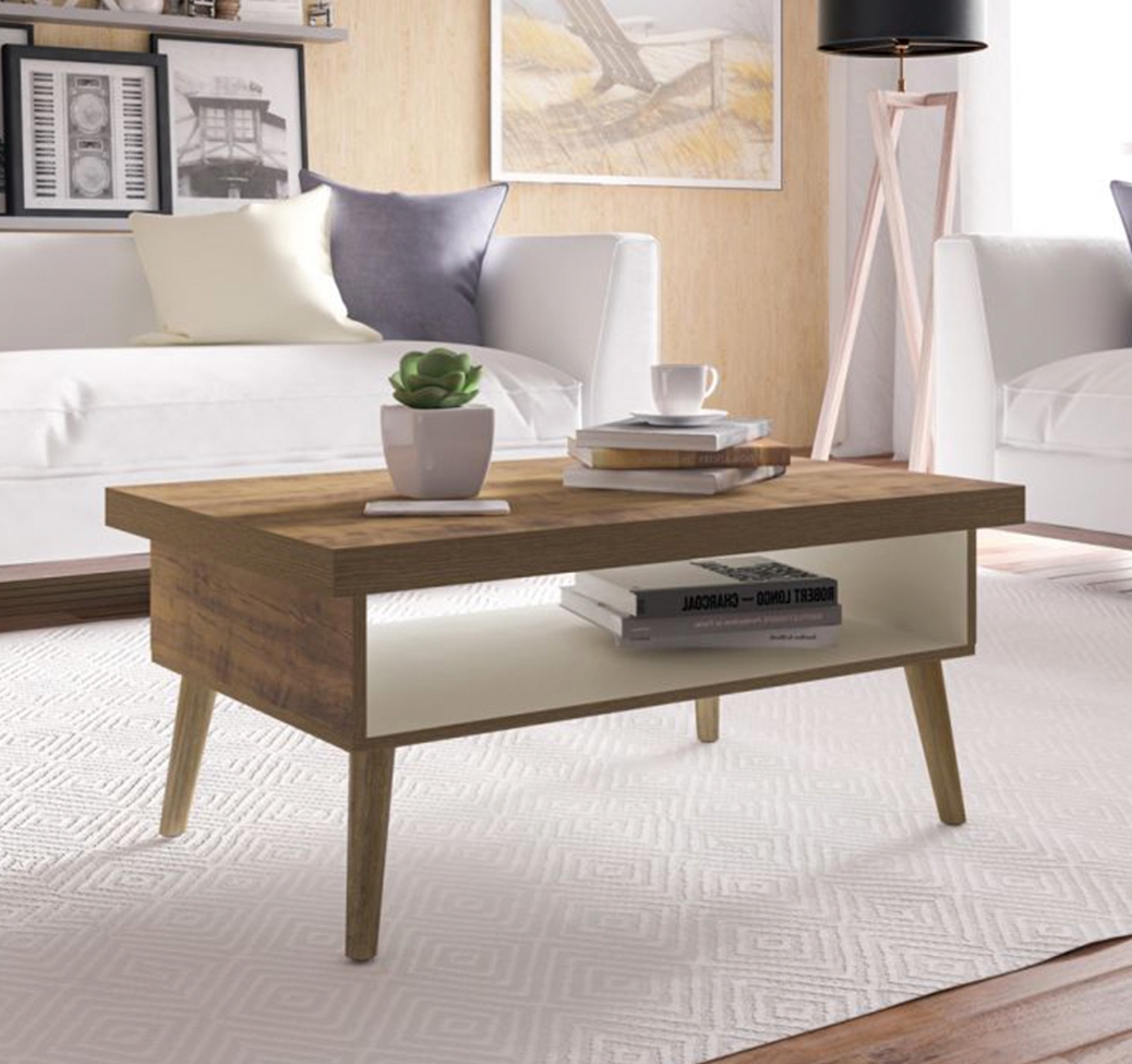 Conjunto para Sala de Estar Lumina com Rack, Mesa de Centro e Mesa Lateral Off White e Pinho
