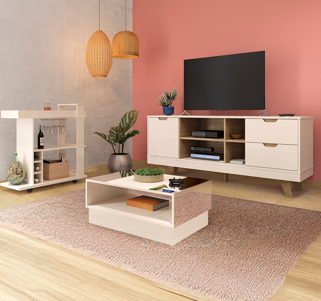 Conjunto para Sala de Estar Michigan com Rack, Mesa de Centro e Bar Off White e Amadeirado