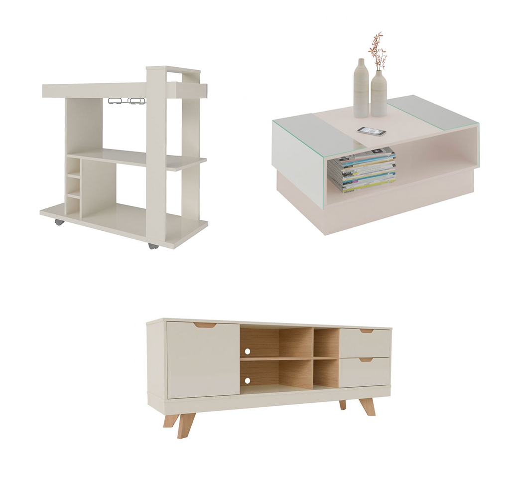 Conjunto para Sala de Estar Michigan com Rack, Mesa de Centro e Bar Off White e Amadeirado