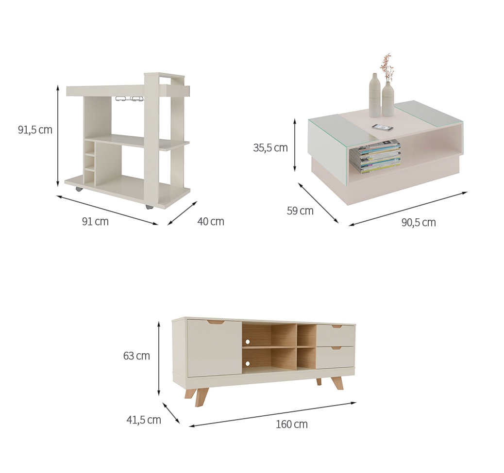 Conjunto para Sala de Estar Michigan com Rack, Mesa de Centro e Bar Off White e Amadeirado