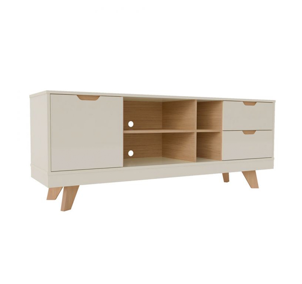Conjunto para Sala de Estar Michigan com Rack, Mesa de Centro e Bar Off White e Amadeirado