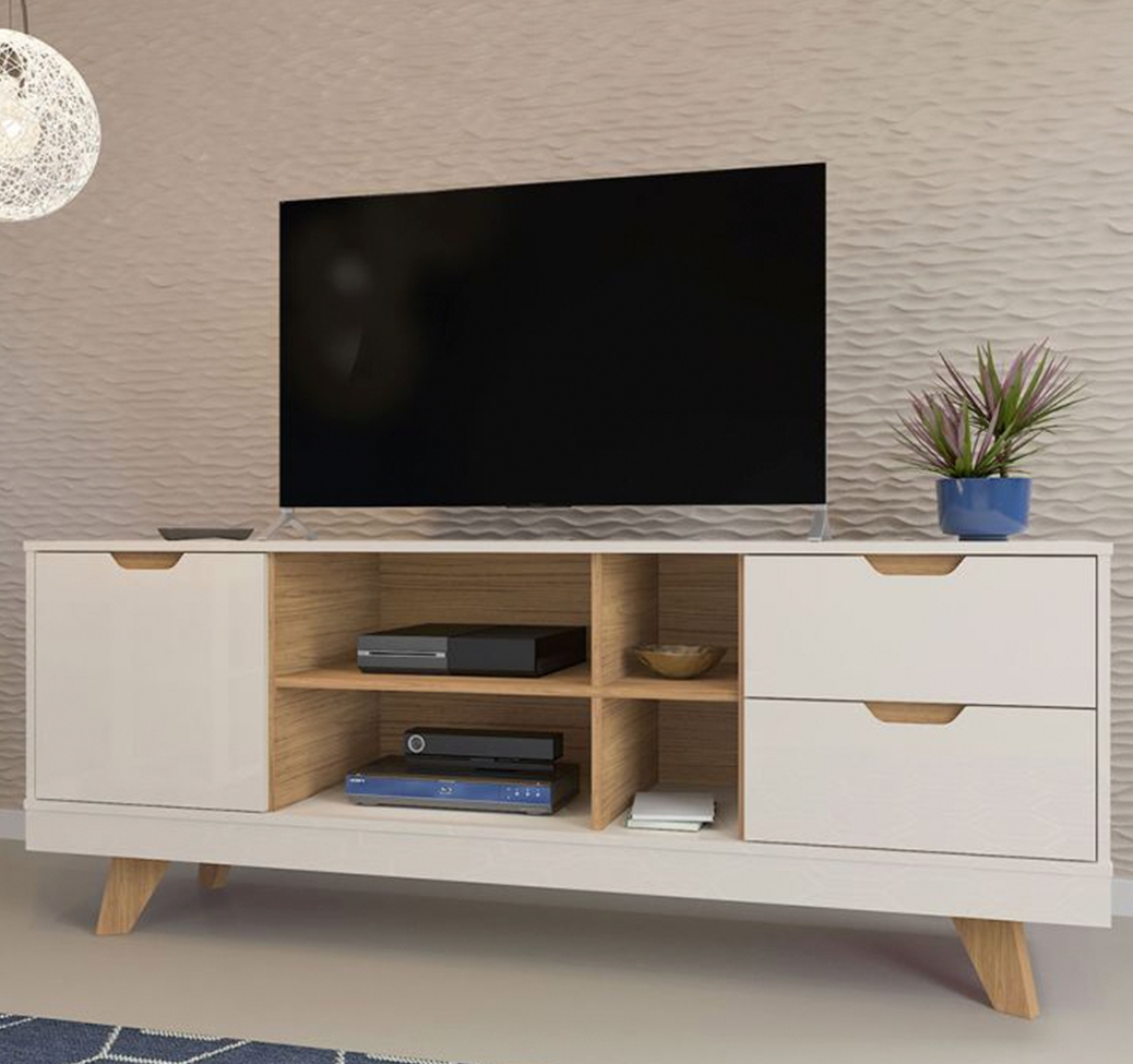 Conjunto para Sala de Estar Michigan com Rack, Mesa de Centro e Bar Off White e Amadeirado