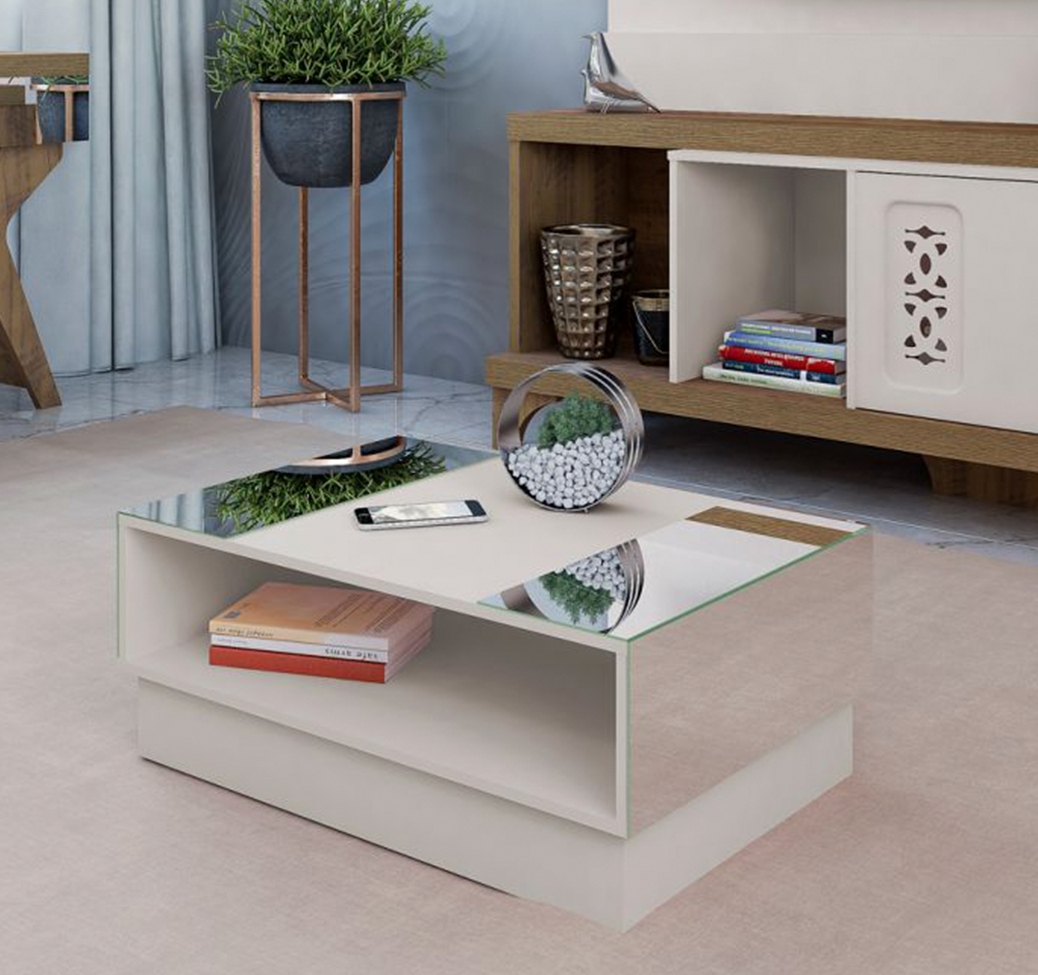 Conjunto para Sala de Estar Michigan com Rack, Mesa de Centro e Bar Off White e Amadeirado
