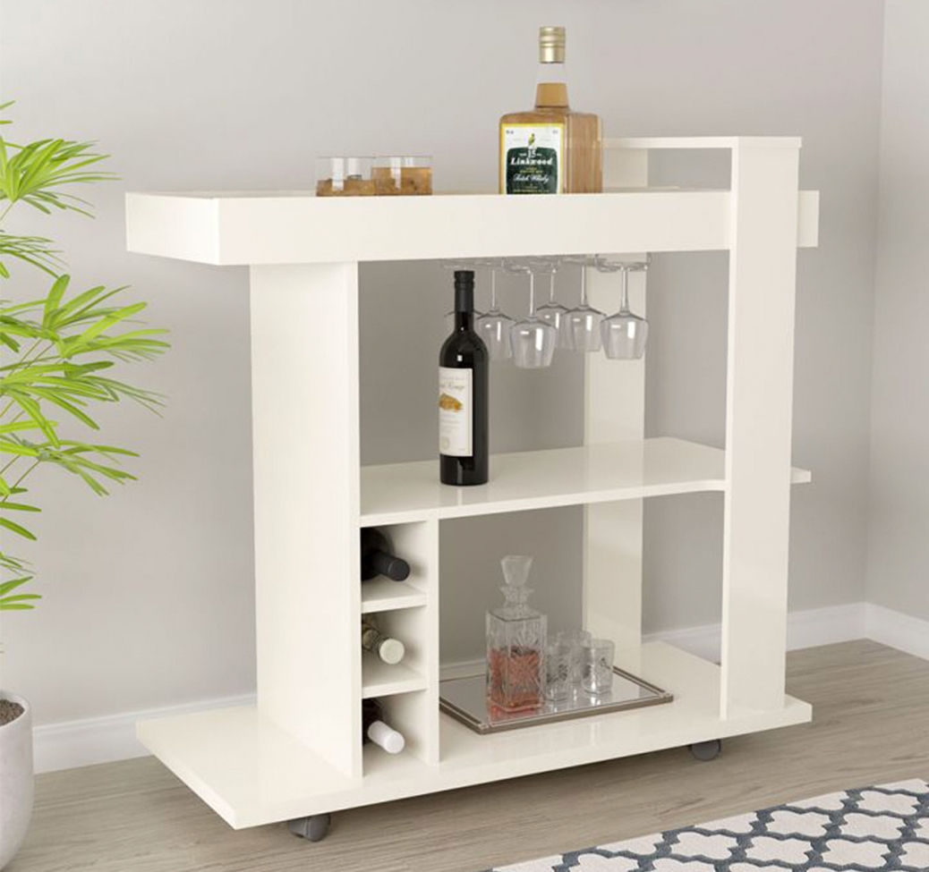 Conjunto para Sala de Estar Michigan com Rack, Mesa de Centro e Bar Off White e Amadeirado