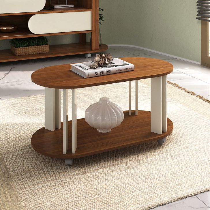 Conjunto para Sala de Estar Mundi com Rack para TV até 65 Polegadas, Mesa de Centro e Mesa Lateral Cedro e Off White