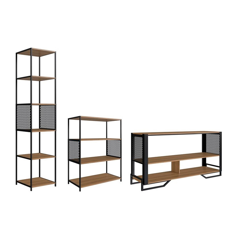 Conjunto para Sala de Estar Paricel com Aparador, Estante 40cm e Estante 77cm Preto e Mel