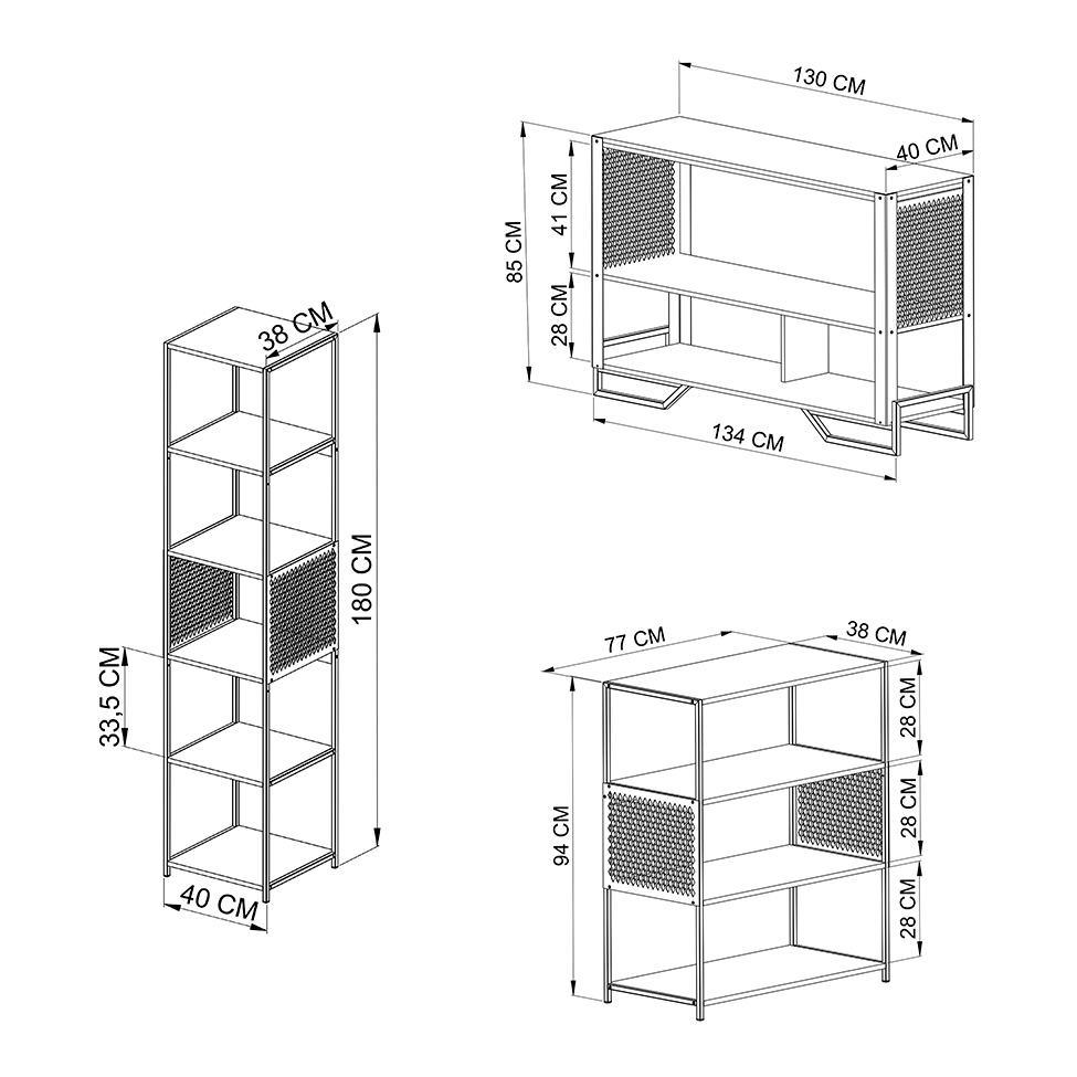 Conjunto para Sala de Estar Paricel com Aparador, Estante 40cm e Estante 77cm Preto e Mel