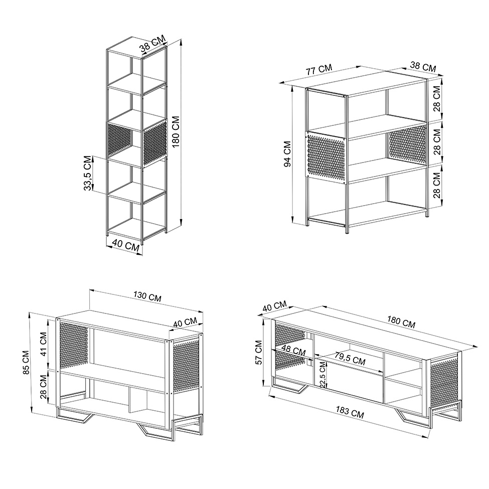 Conjunto para Sala de Estar Paricel com Rack 1 GV, Aparador, Estante 40cm e Estante 77cm Preto