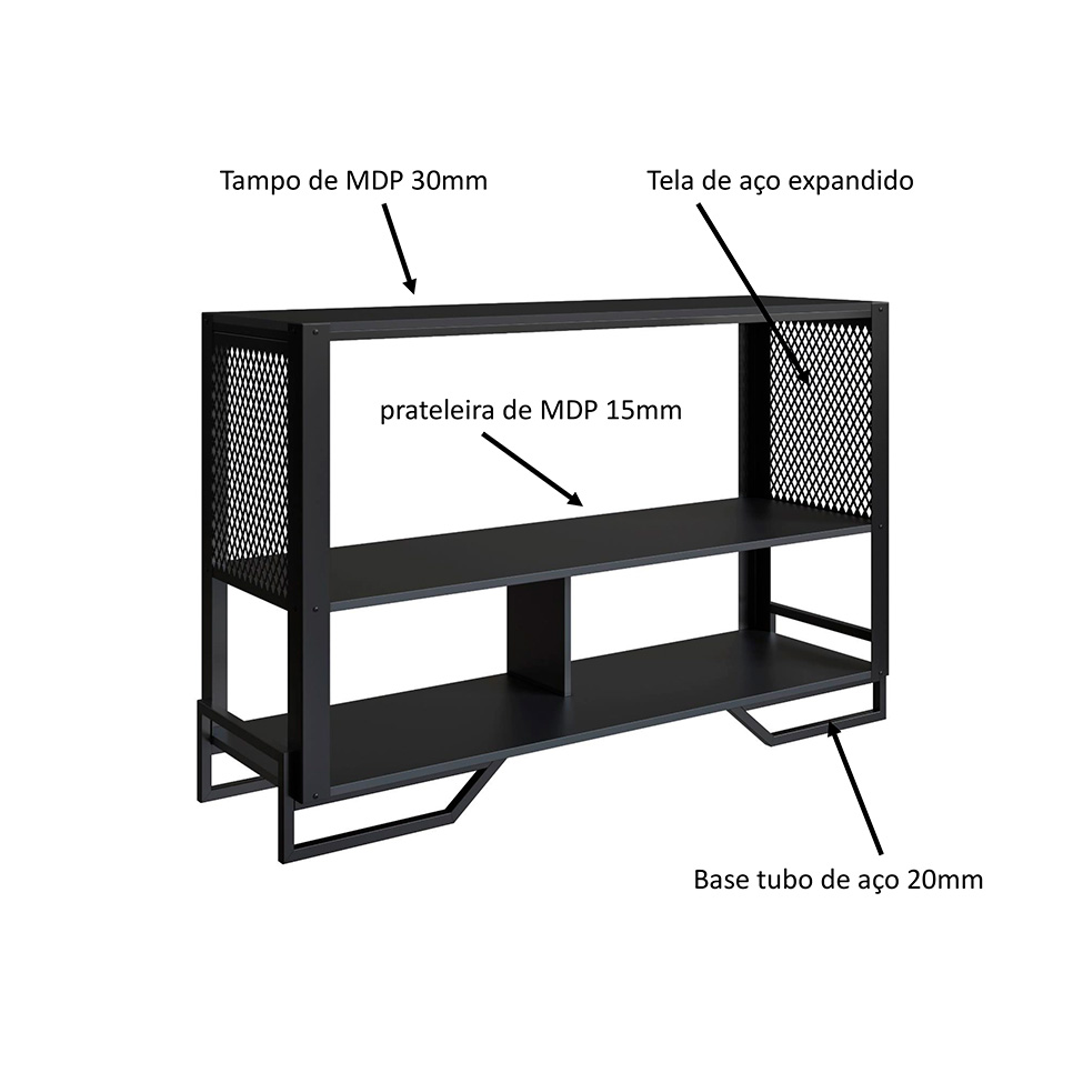 Conjunto para Sala de Estar Paricel com Rack 1 GV, Aparador, Estante 40cm e Estante 77cm Preto