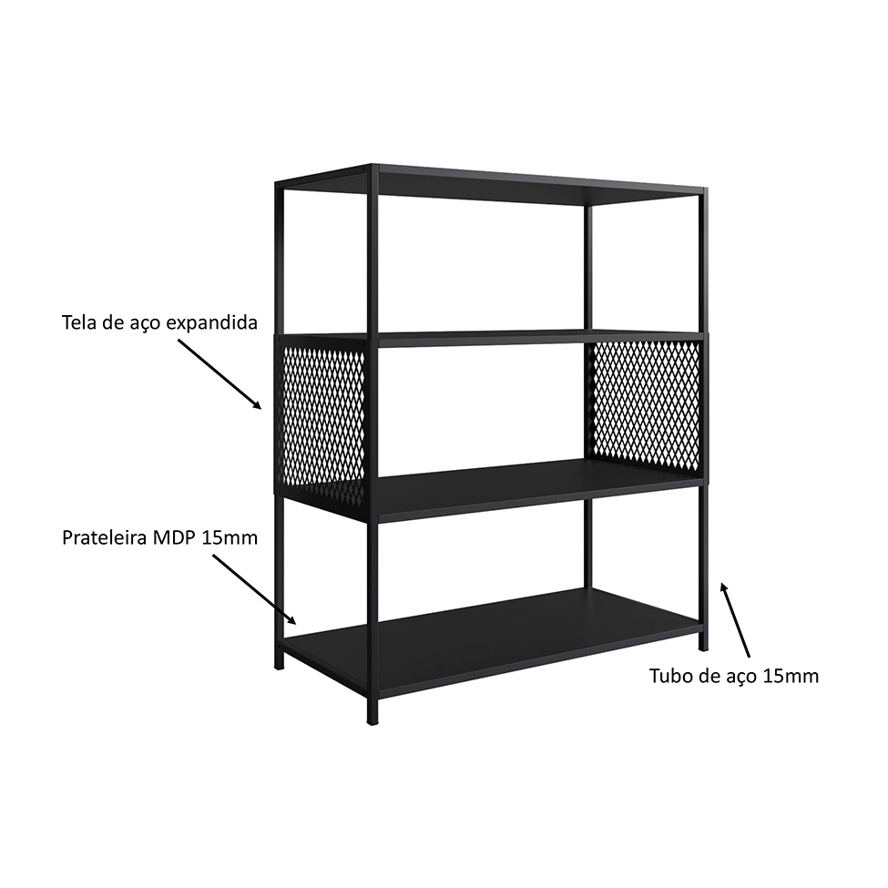 Conjunto para Sala de Estar Paricel com Rack 1 GV, Aparador, Estante 40cm e Estante 77cm Preto