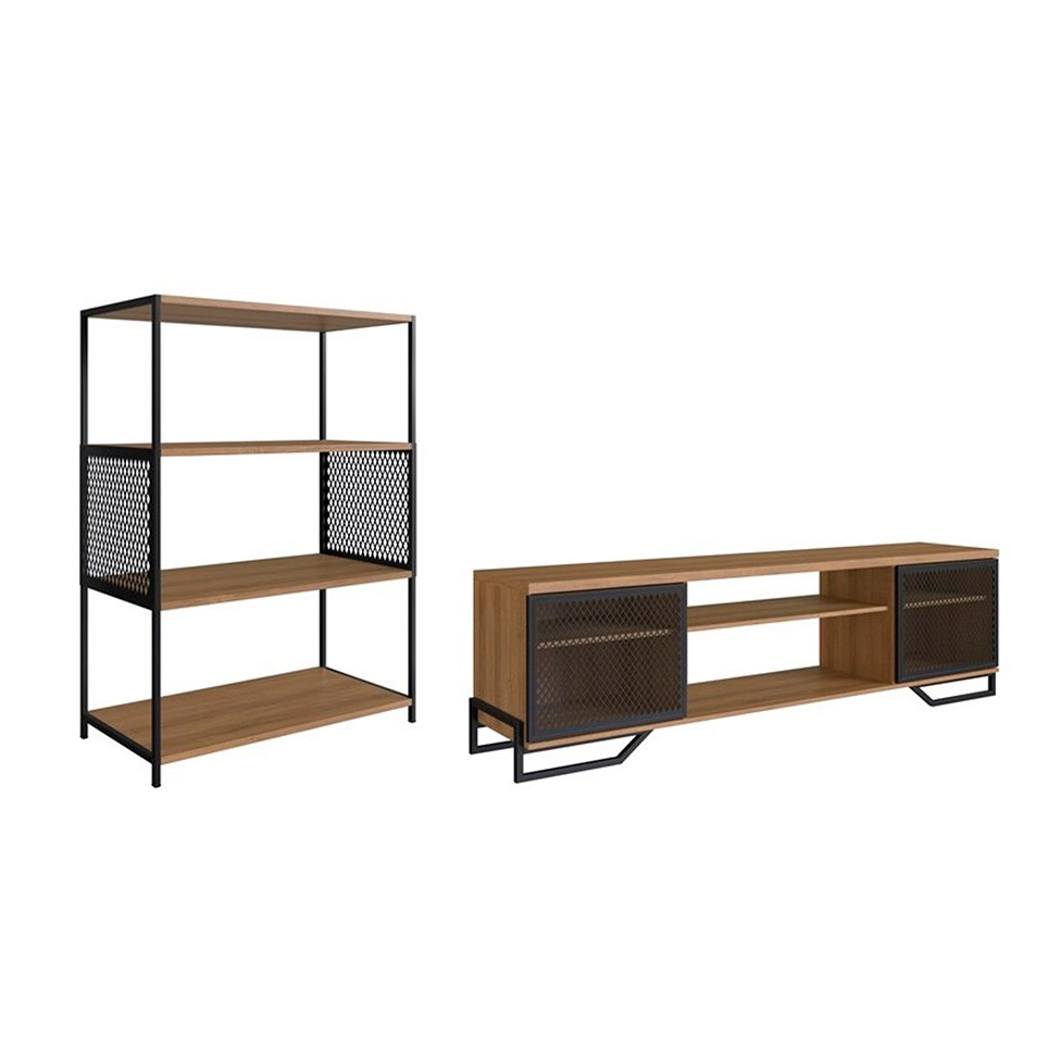Conjunto para Sala de Estar Paricel com Rack 2 PT e Estante 77cm Preto e Mel