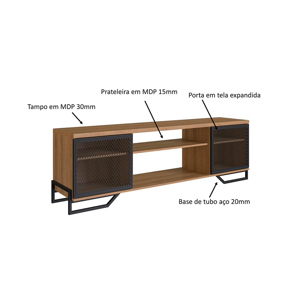 Conjunto para Sala de Estar Paricel com Rack 2 PT e Estante 77cm Preto e Mel