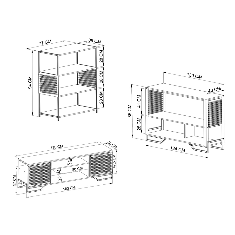Conjunto para Sala de Estar Paricel com Rack 2 PT, Aparador e Estante 77cm Preto e Mel