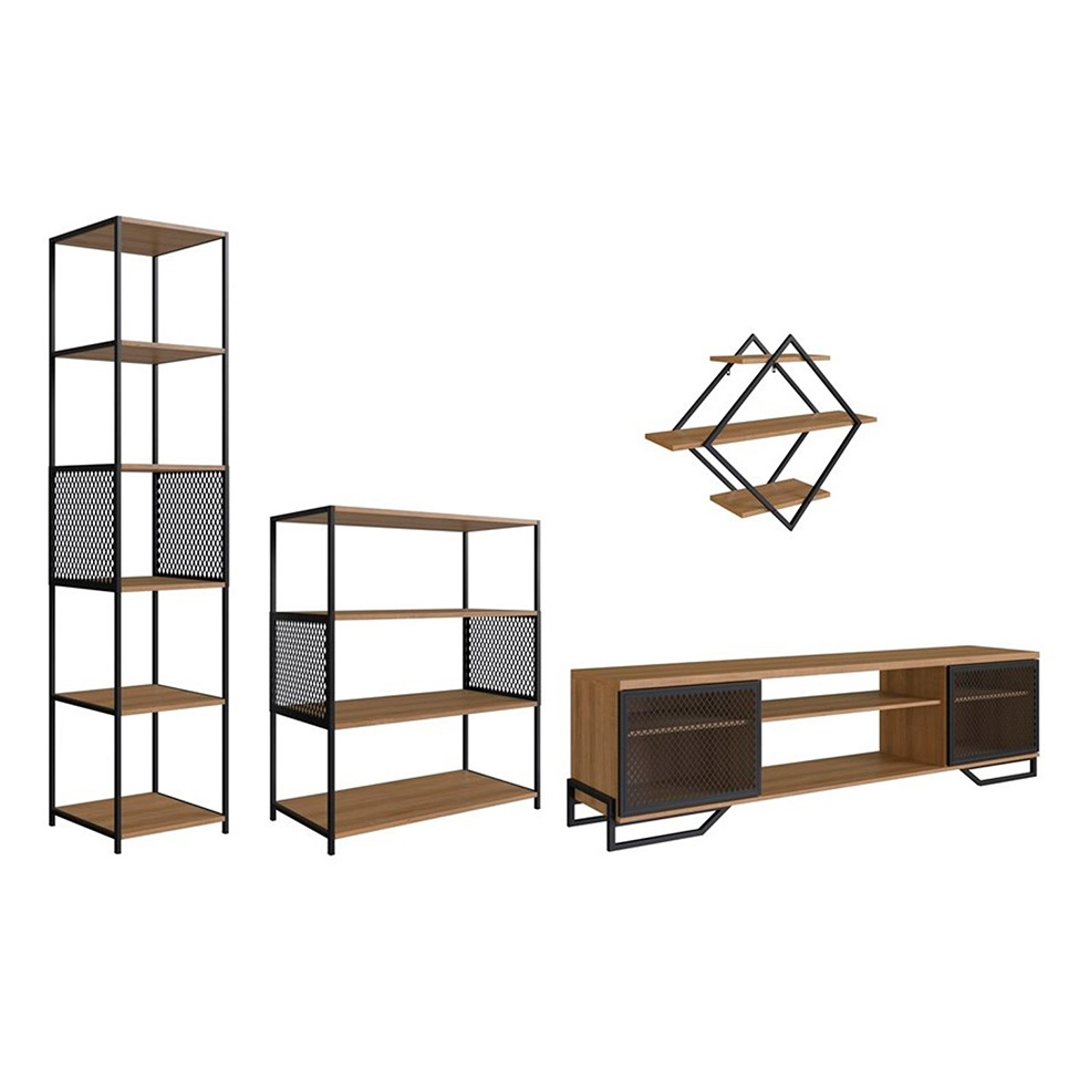 Conjunto para Sala de Estar Paricel com Rack 2 PT, Prateleira Diamante, Estante 40cm e Estante 77cm Preto e Mel