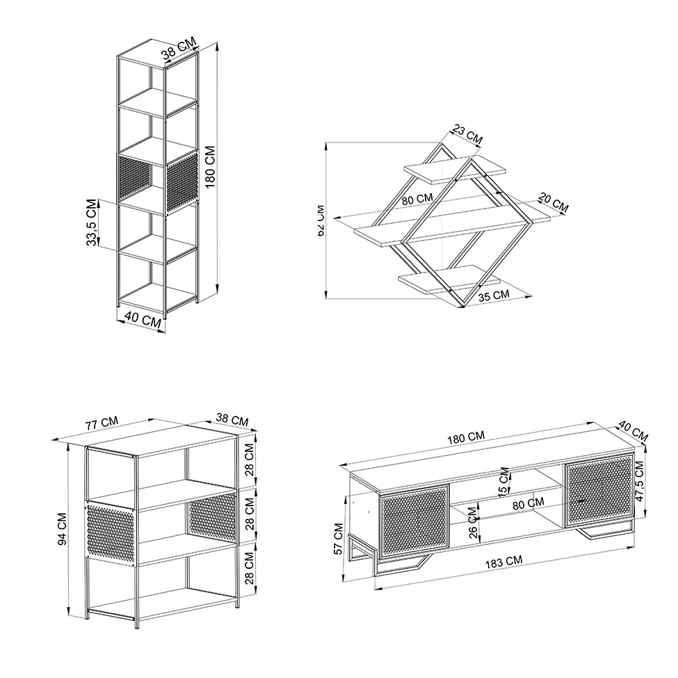 Conjunto para Sala de Estar Paricel com Rack 2 PT, Prateleira Diamante, Estante 40cm e Estante 77cm Preto e Mel