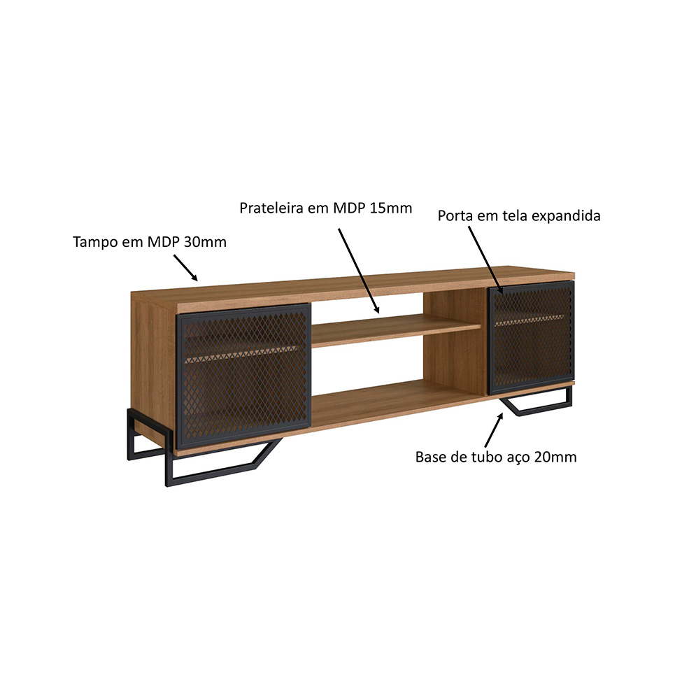 Conjunto para Sala de Estar Paricel com Rack 2 PT, Prateleira Diamante, Estante 40cm e Estante 77cm Preto e Mel
