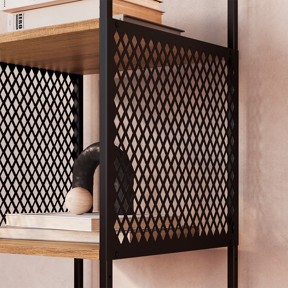 Conjunto para Sala de Estar Paricel com Rack 2 PT, Prateleira Diamante, Estante 40cm e Estante 77cm Preto e Mel