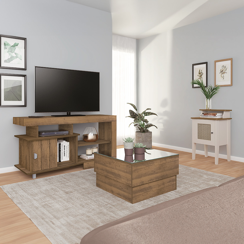 Conjunto para Sala de Estar Royal com Rack, Mesa de Centro e Mesa Lateral Pinho e Off White