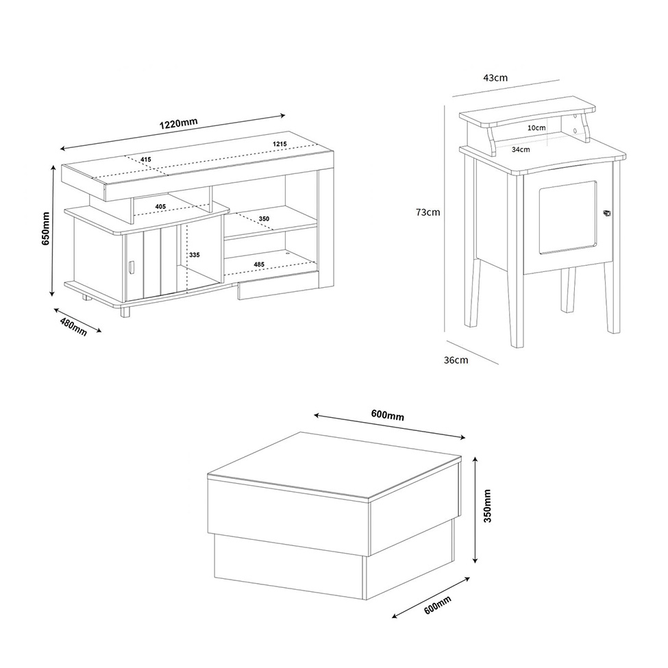 Conjunto para Sala de Estar Royal com Rack, Mesa de Centro e Mesa Lateral Pinho e Off White
