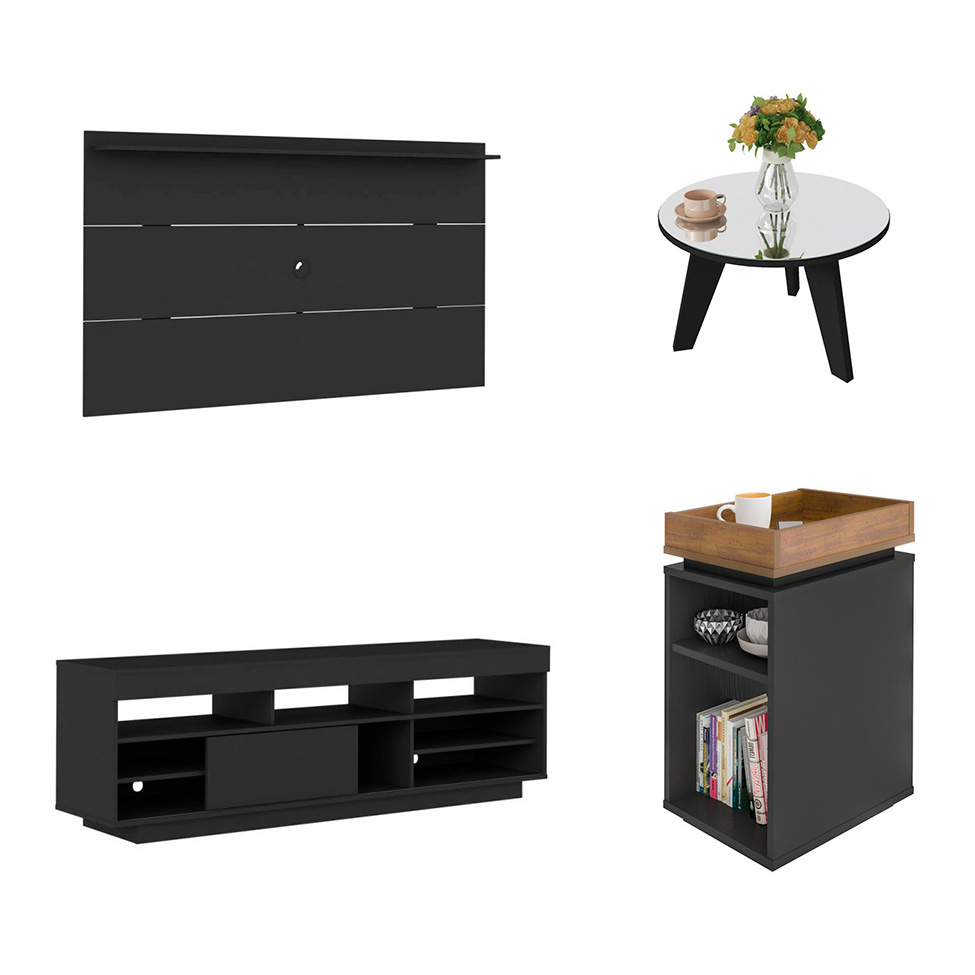 Conjunto para Sala de Estar Treviso com Rack, Painel para TV até 55 Polegadas, Mesa de Centro e Mesa Lateral Preto e Pinho