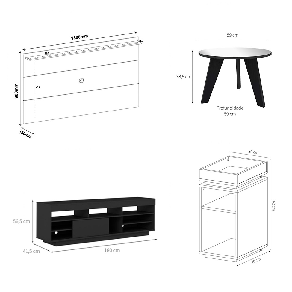 Conjunto para Sala de Estar Treviso com Rack, Painel para TV até 55 Polegadas, Mesa de Centro e Mesa Lateral Preto e Pinho