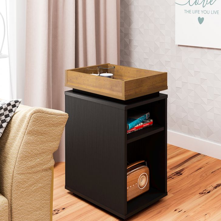 Conjunto para Sala de Estar Treviso com Rack, Painel para TV até 55 Polegadas, Mesa de Centro e Mesa Lateral Preto e Pinho