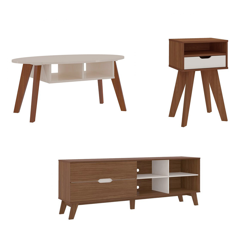 Conjunto para Sala de Estar Verona com Rack 2 GV, Mesa de Centro e Mesa Lateral Cedro e Off White