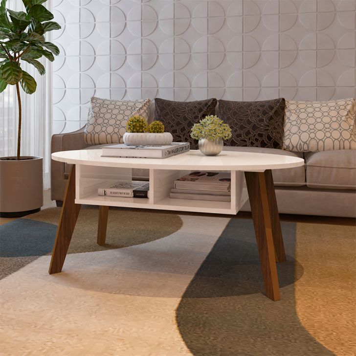 Conjunto para Sala de Estar Verona com Rack 2 GV, Mesa de Centro e Mesa Lateral Cedro e Off White