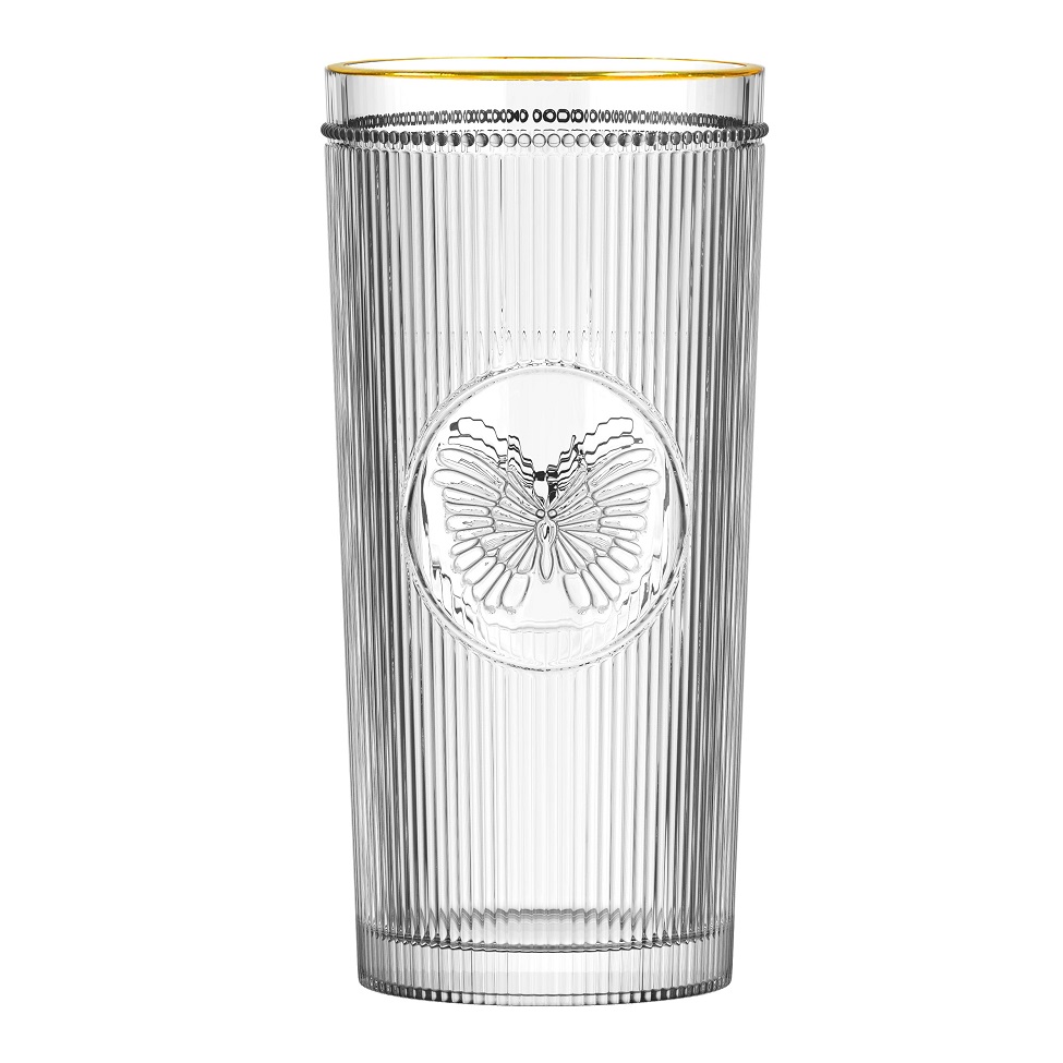 Copo Alto Pequenos Voadores Borboleta Transparente e Dourado 350ml