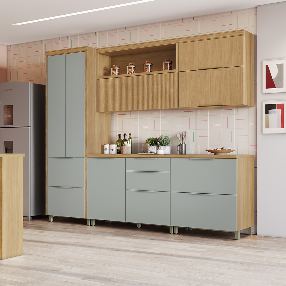 Cozinha Compacta 100% MDF Marquesa 8 Portas 4 Gavetas Verde e Nature