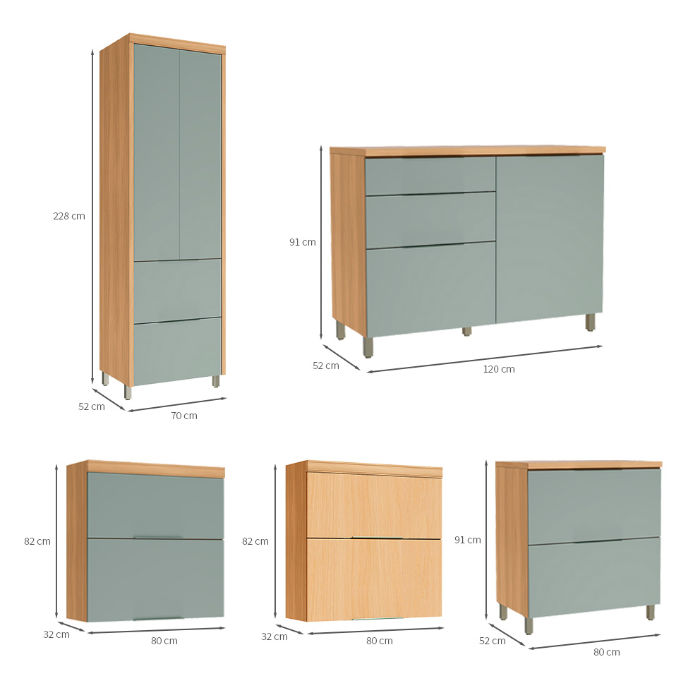 Cozinha Compacta 100% MDF Marquesa 8 Portas 4 Gavetas Verde e Nature