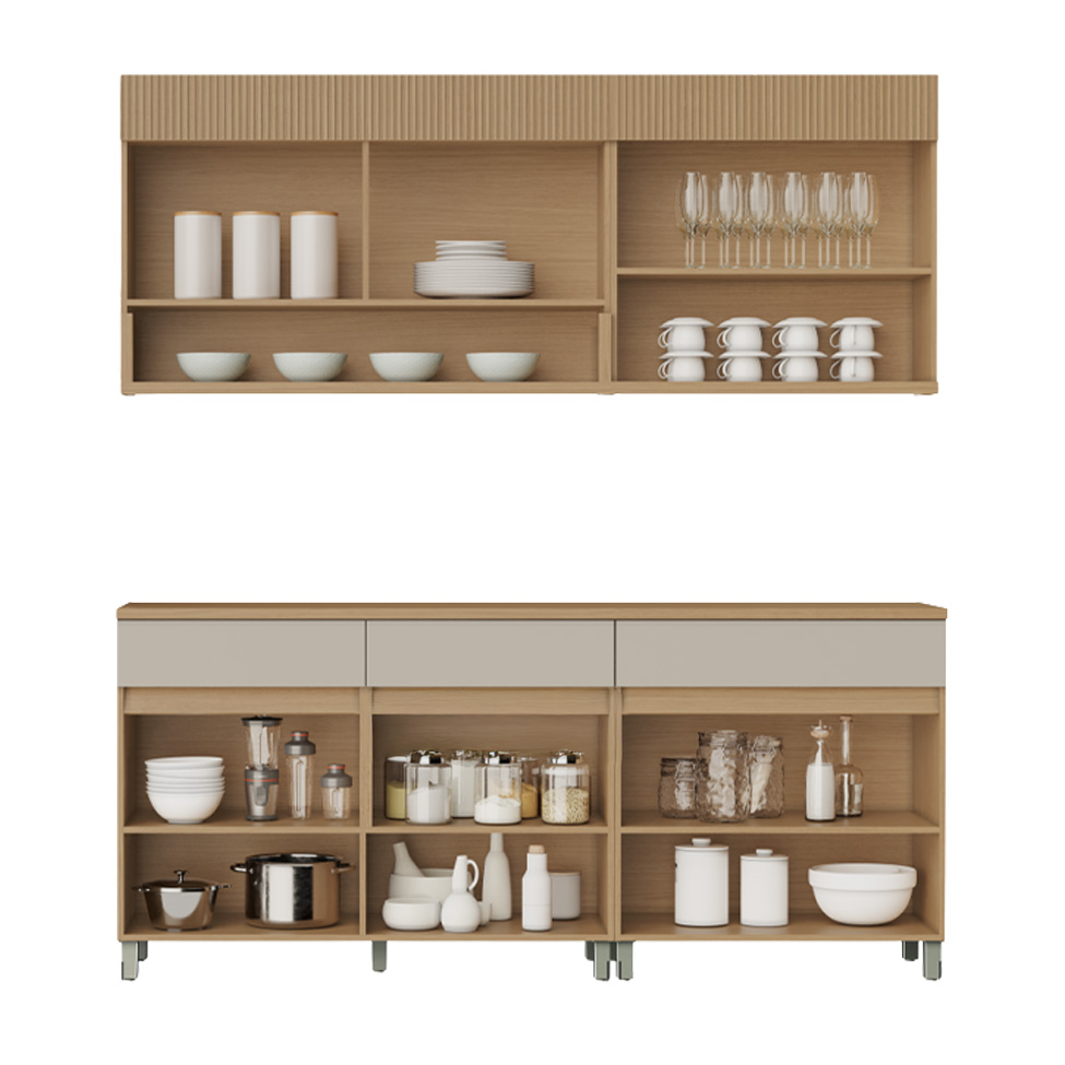 Cozinha Compacta 100% MDF Realeza Premium 7 Portas 3 Gavetas Bege e Carvalho