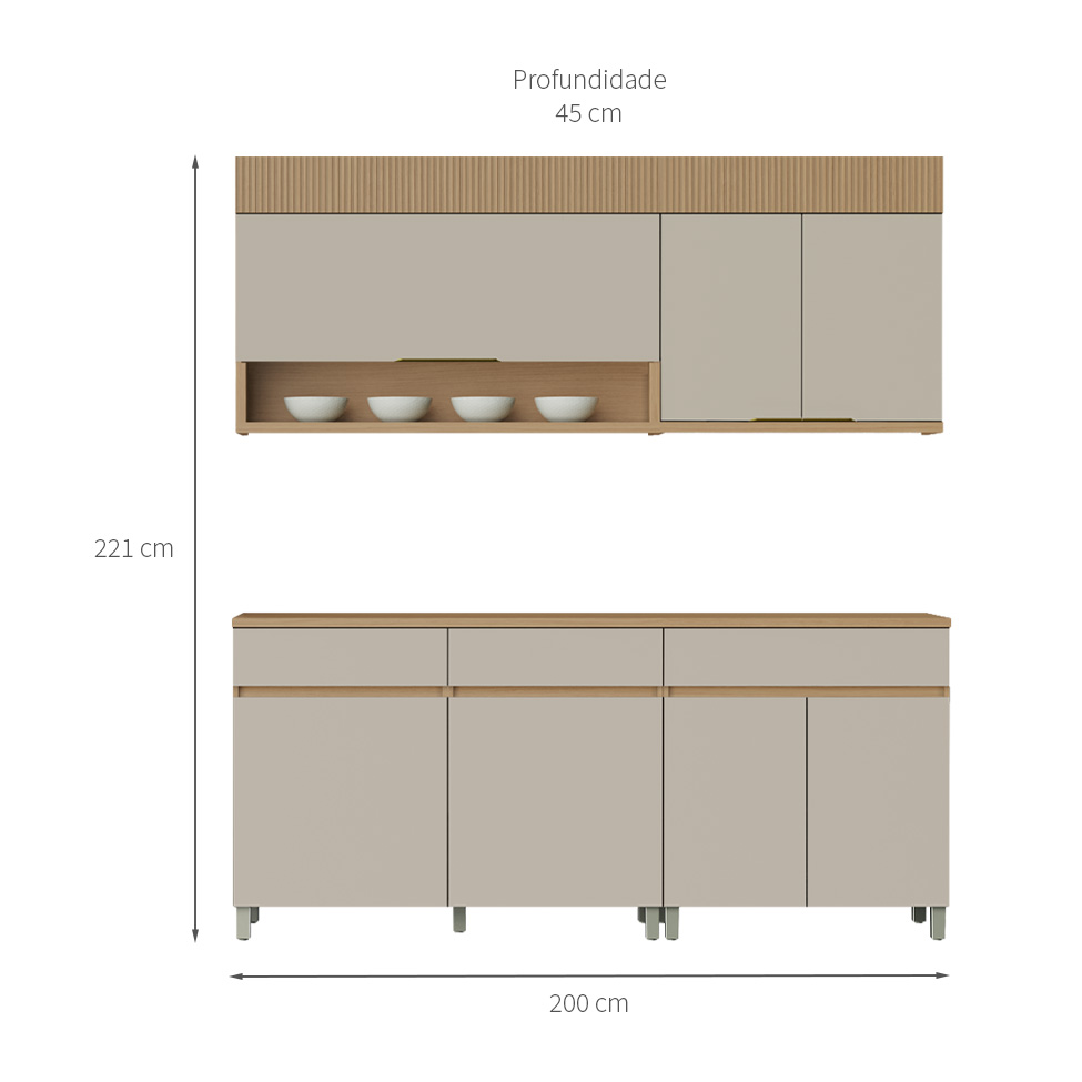 Cozinha Compacta 100% MDF Realeza Premium 7 Portas 3 Gavetas Bege e Carvalho