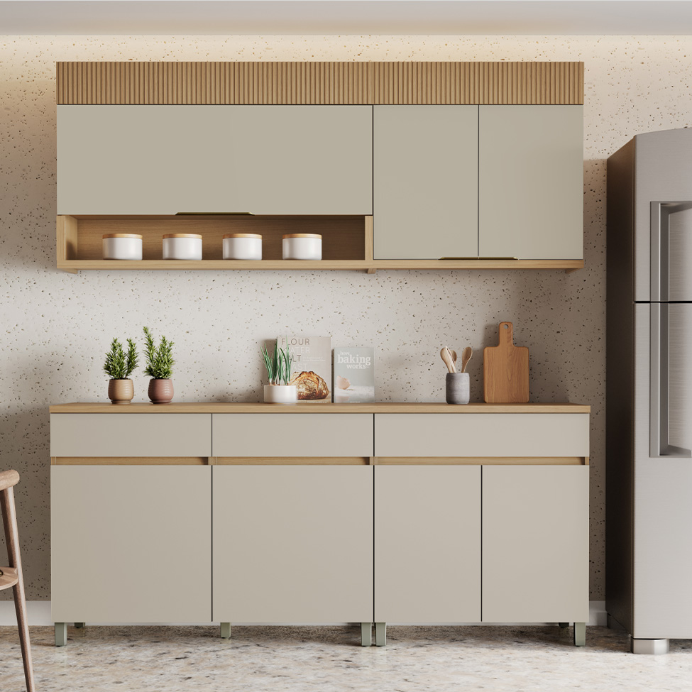 Cozinha Compacta 100% MDF Realeza Premium 7 Portas 3 Gavetas Bege e Carvalho
