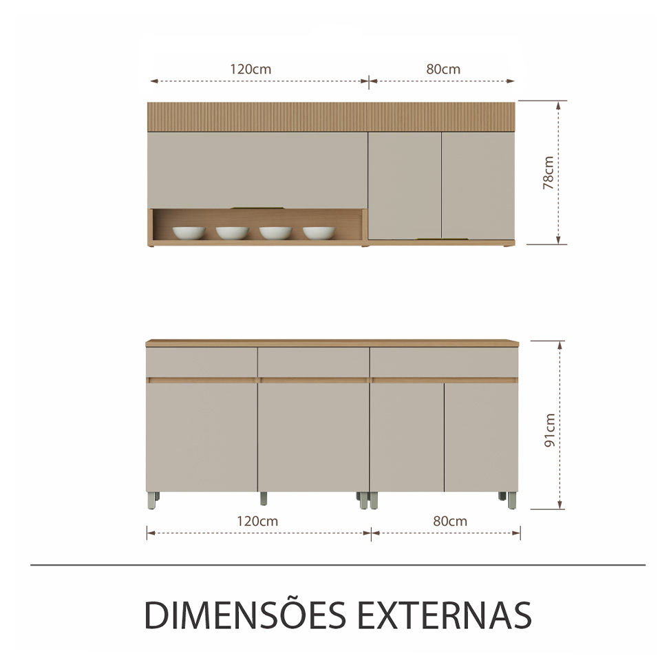 Cozinha Compacta 100% MDF Realeza Premium 7 Portas 3 Gavetas Bege e Carvalho
