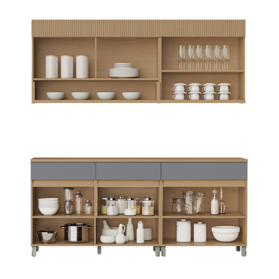 Cozinha Compacta 100% MDF Realeza Premium 7 Portas 3 Gavetas Titânio e Carvalho