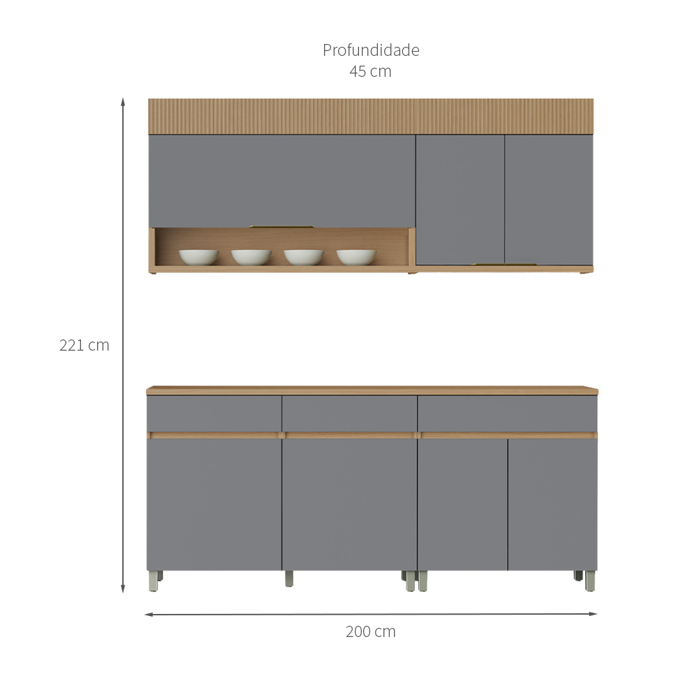 Cozinha Compacta 100% MDF Realeza Premium 7 Portas 3 Gavetas Titânio e Carvalho